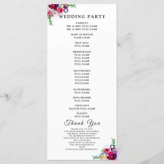 Programme Script floral simple |Mariage moderne (Dos)