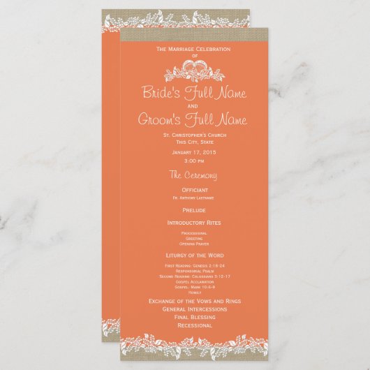 Programme Sea Garland Tangerine et Burlap Wedding Program (Devant / Derrière)