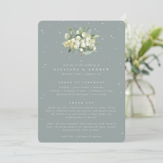 Programme Seafoam Green Snowberry+Eucalyptus Bouquet Mariage (Debout devant)