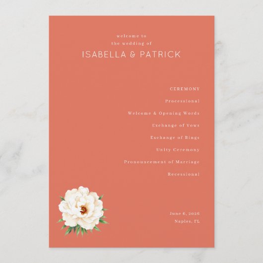 Programme Serene Coral Floral Wedding Ceremony Schedule (Devant)