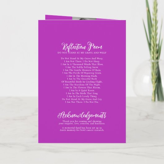 Programme Service commémoratif funérailles colombe rose viol (Dos)