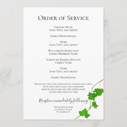 Programme Service funéraire Green English Ivy Vine Foliage (Dos)
