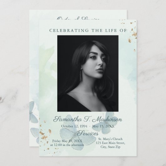 Programme Services funéraires aux papillons d'aquarelle vert (Devant / Derrière)