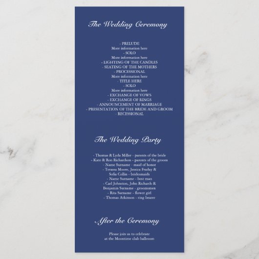 Programme Silver Comfetti Élégant Marine Blue Wedding Progra (Dos)