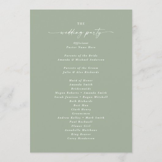 Programme simple de cérémonie de Mariage vert à fe (Dos)
