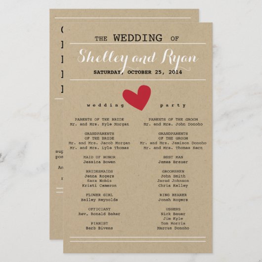 Programme simple de mariage cardiaque rouge et kra (Devant / Derrière)