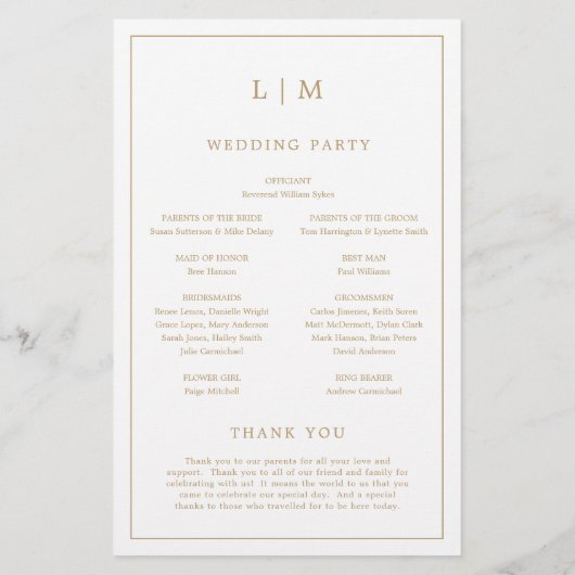 Programme simple de mariage de monogramme d'or ant (Dos)