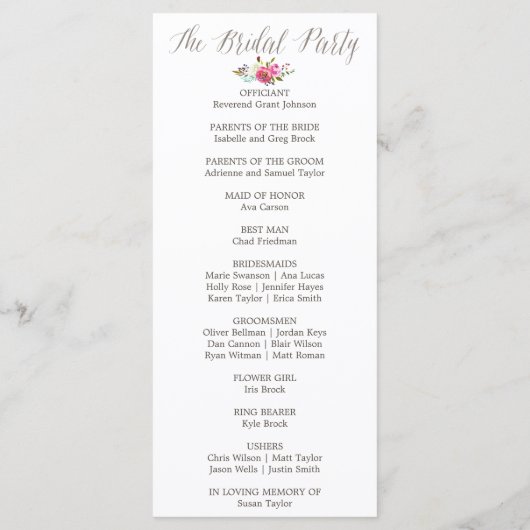 Programme simple de mariage floral Bouquet d'aquar (Dos)