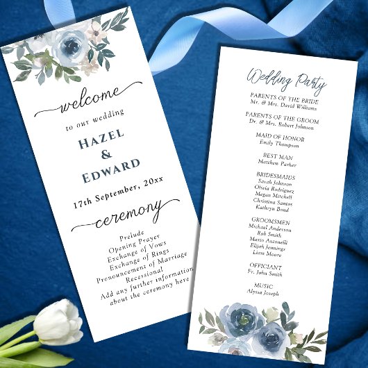 Programme Simple Dusty bleu Aquarelle Mariage