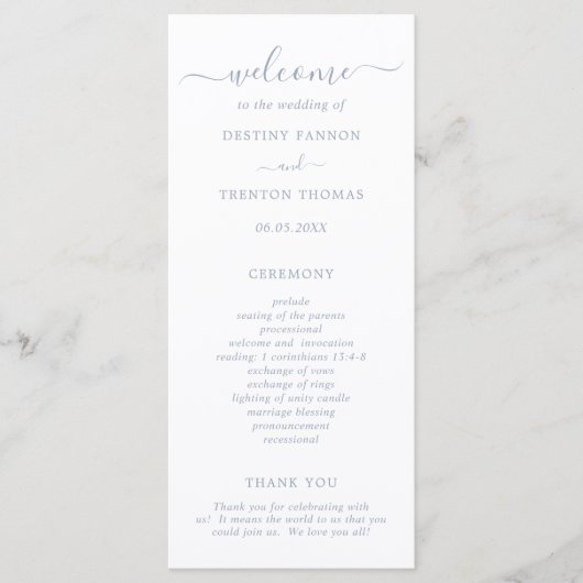 Programme Simple Élégant Mariage Bleu Poussiéreux Script (Devant)