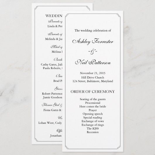 Programme simple et élégant de cérémonie des Maria (Devant / Derrière)