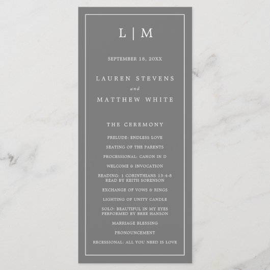 Programme Simple Mariage Élégant Monogramme Gris Foncé (Devant)