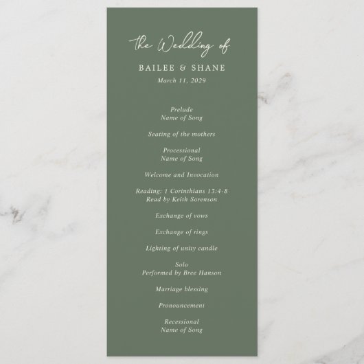 Programme Simple mariage moderne vert olive (Devant)