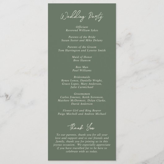 Programme Simple mariage moderne vert olive (Dos)