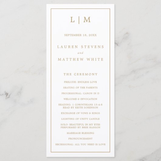 Programme Simple Monogramme Or Élégant Mariage Antique (Devant)