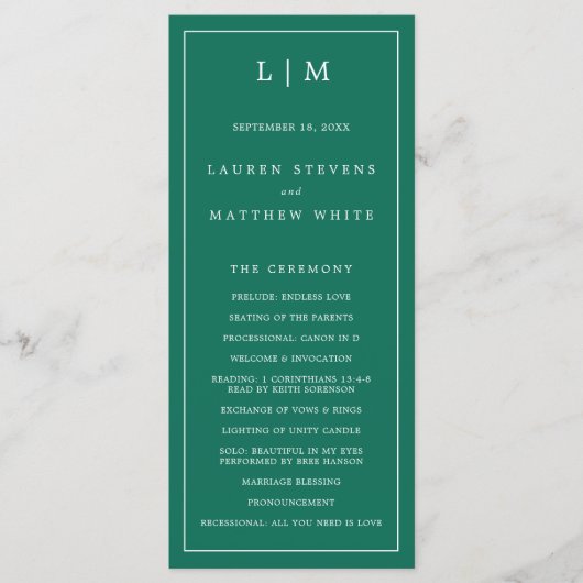Programme Simple Monogramme Vert Émeraude Élégant Mariage (Devant)