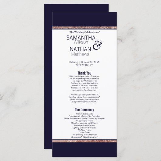 Programme Simple Rose Gold Lined Marine Blue Wedding Program (Devant / Derrière)