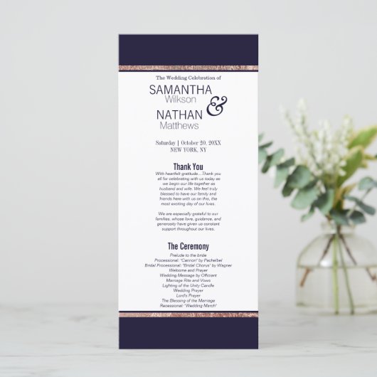 Programme Simple Rose Gold Lined Marine Blue Wedding Program (Debout devant)