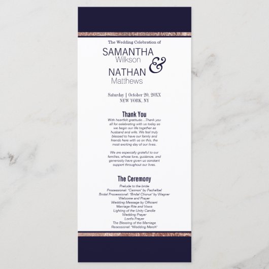 Programme Simple Rose Gold Lined Marine Blue Wedding Program (Devant)