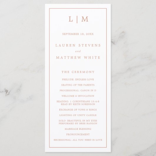 Programme Simple Rose Monogramme Rose Élégant Mariage (Devant)