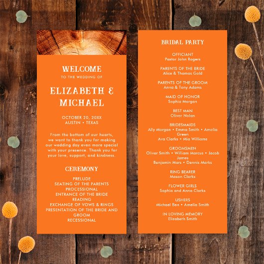 Programme Simple tranche de bois rustique coupé pour mariage