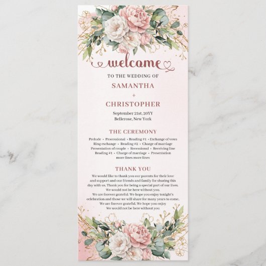 Programme Soft Blush Pink Flowers Eucalyptus Wedding Program (Devant)