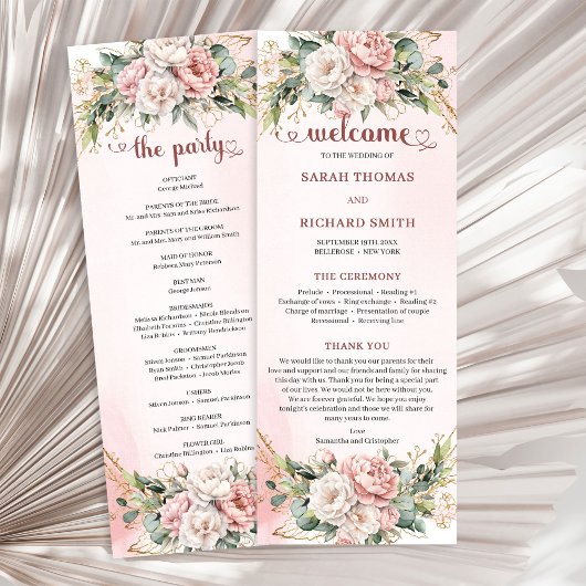 Programme Soft Blush Pink Flowers Eucalyptus Wedding Program