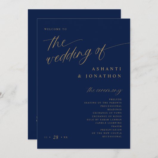 Programme Soft Romantic Dark Navy Mariage bleu et or (Devant / Derrière)