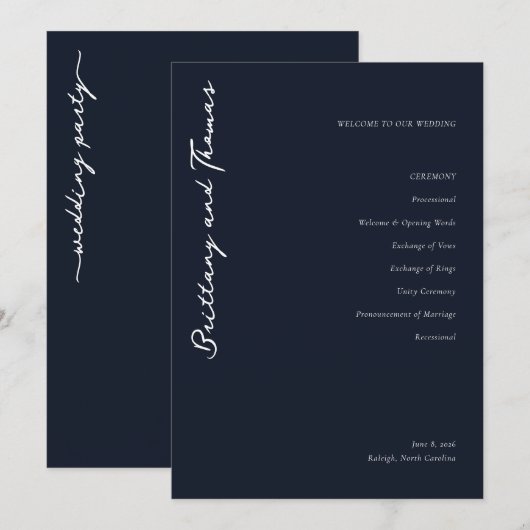 Programme Sophisticated Navy Minimalist Wedding Program (Devant / Derrière)