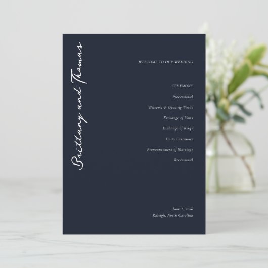 Programme Sophisticated Navy Minimalist Wedding Program (Debout devant)