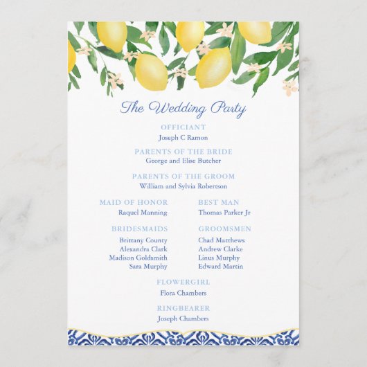 Programme Sorrento Lemons Bleu Carreaux italiens Mariage (Dos)