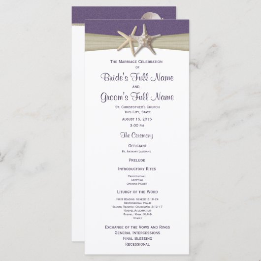 Programme Starfish et Burlap Purple Beach Wedding Program (Devant / Derrière)