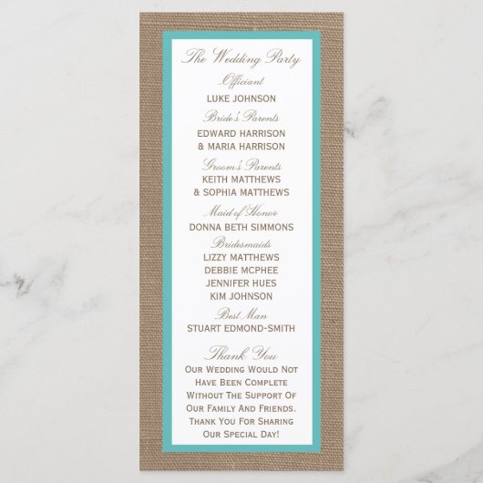 Programme Starfish Turquoise Burlap Beach Wedding Collection (Dos)
