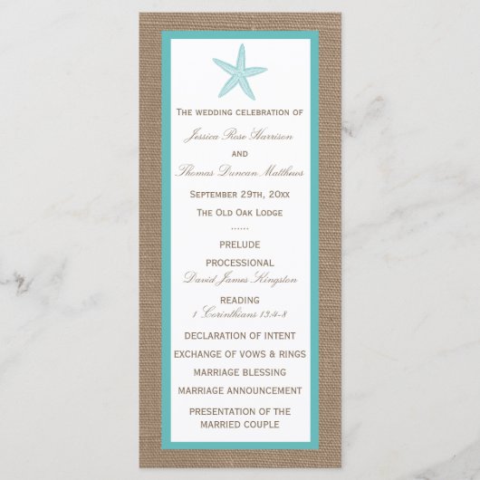 Programme Starfish Turquoise Burlap Beach Wedding Collection (Devant)