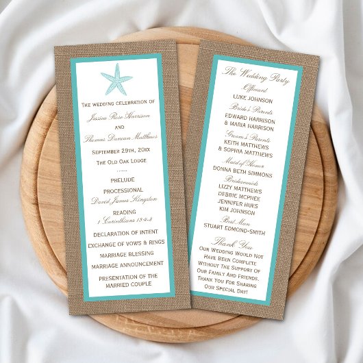Programme Starfish Turquoise Burlap Beach Wedding Collection