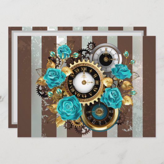 Programme Steampunk Clock and Turquoise Roses on Striped (Devant / Derrière)