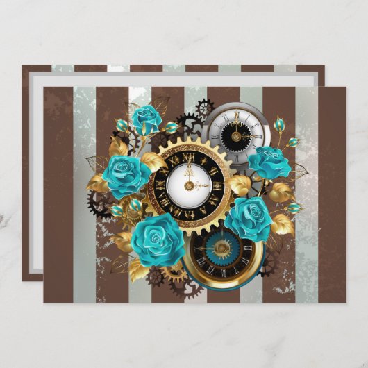 Programme Steampunk Clock and Turquoise Roses on Striped (Devant / Derrière)