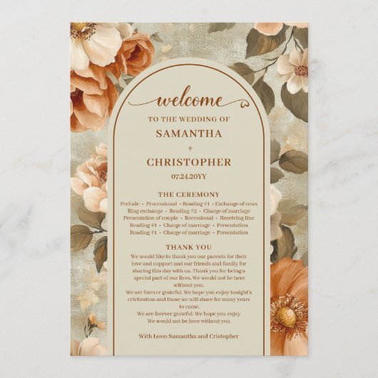 Programme Stylish Boho Rusty Ivory Sage Floral Wedding Plan (Devant)