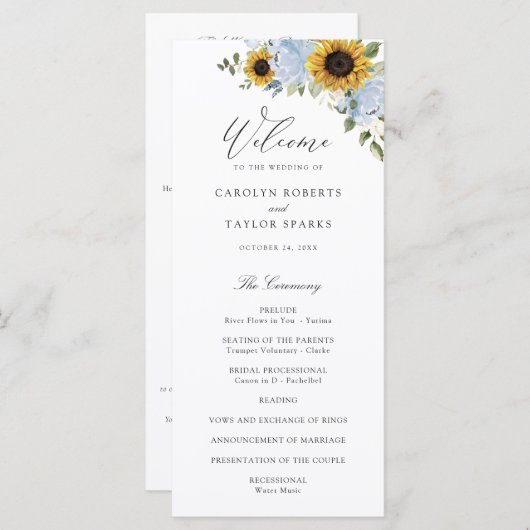 Programme Sunflower Dusty Blue Floral Élégant Mariage Script (Devant / Derrière)