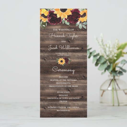 Programme Sunflower et Rose Rustic Wood Wedding Program (Debout devant)