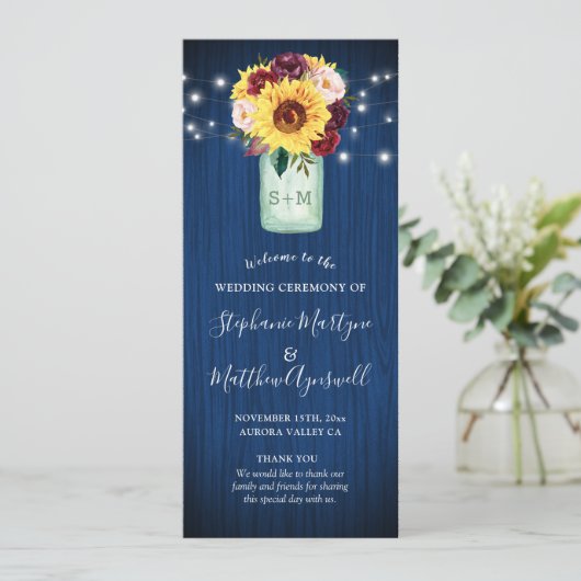 Programme Sunflower Navy Blue Mason Jar Floral Mariage (Debout devant)