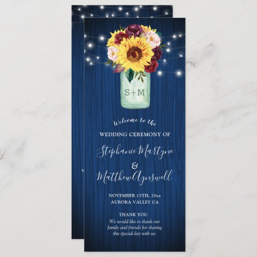 Programme Sunflower Navy Blue Mason Jar Floral Mariage (Devant / Derrière)