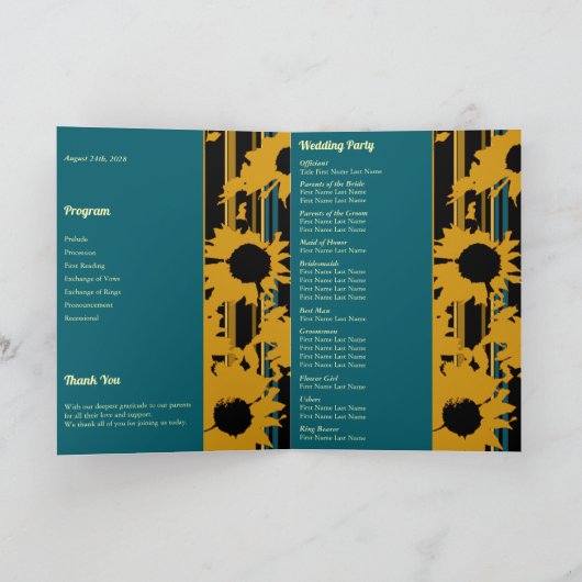 Programme Sunflower Teal Blue Gold Modern Folded Wedding  (Intérieur)