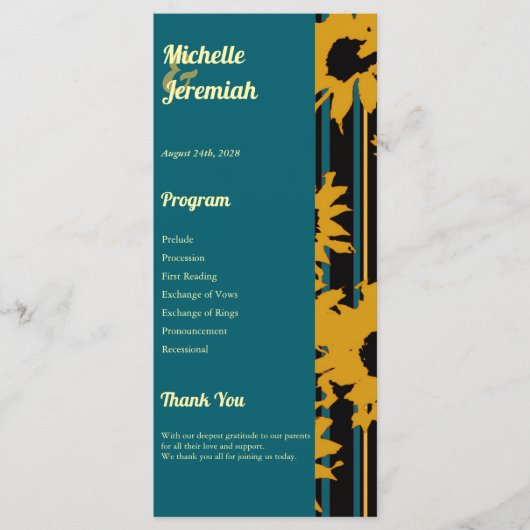 Programme Sunflower Teal Blue Gold Modern Wedding (Devant)