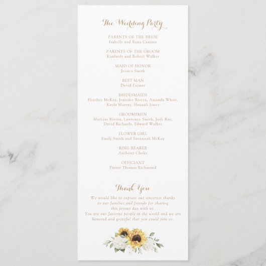 Programme Sunflowers Hydrangea Mariage de crête verte (Dos)