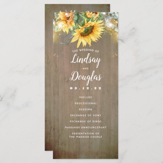 Programme Sunflowers Rustic Country Mariages de automne Prog (Devant / Derrière)