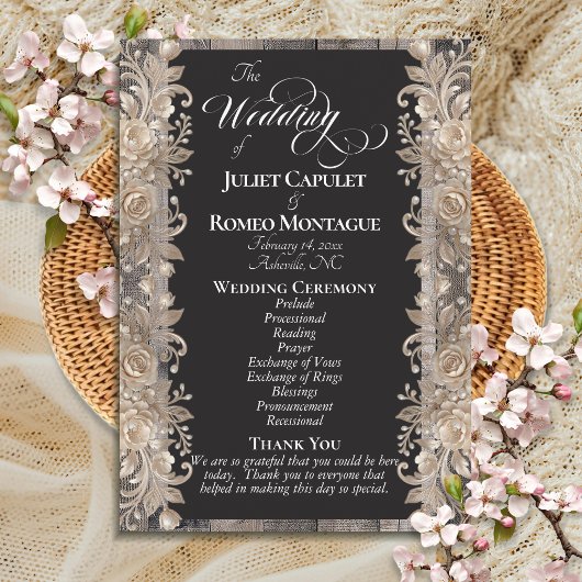 Programme Tableau noir sur bois, bordure de rose - Mariage