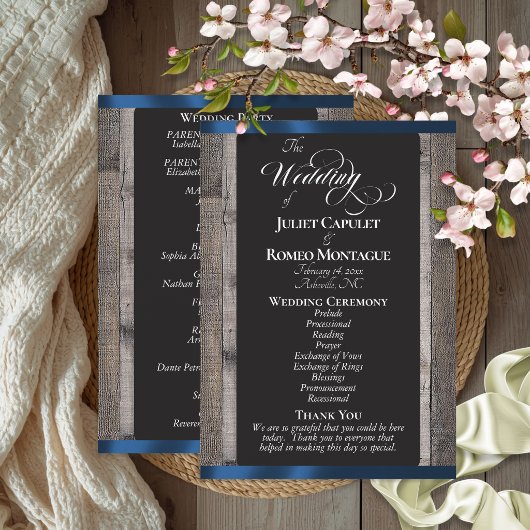 Programme Tableau noir sur bois et ruban bleu foncé - Mariag
