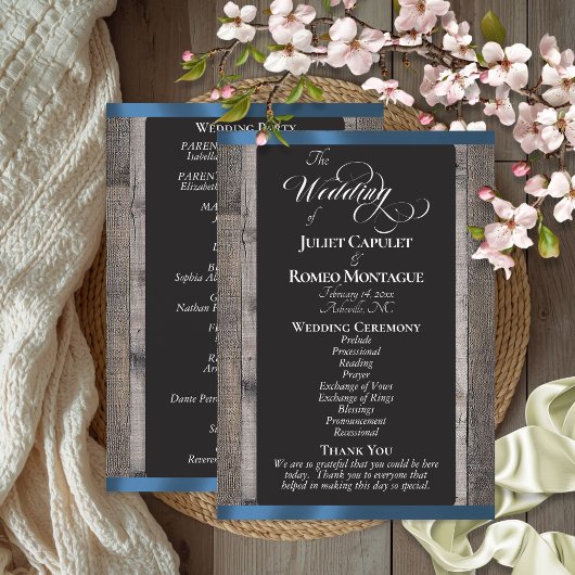 Programme Tableau noir sur bois et ruban bleu - Mariage