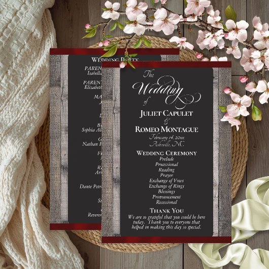 Programme Tableau noir sur bois et ruban bordeaux - Mariage